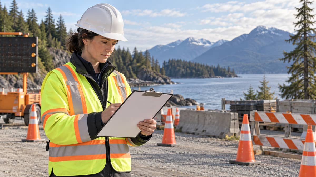 Illustration of a traffic-control worker reviewing a roadside work-zone setup