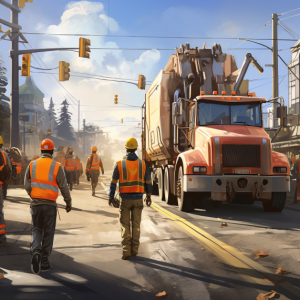 Construction workers on a street providing traffic control.