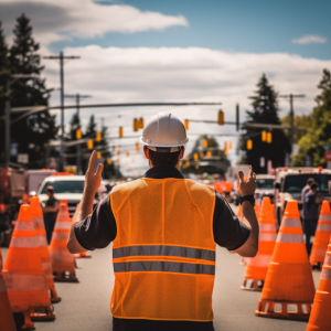 traffic control worker, orange cones