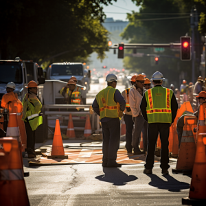 A group of construction workers providing Richmond's top-rated traffic control services on a street.