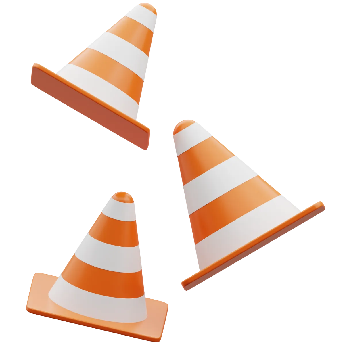 Three orange and white striped traffic cones arranged in a scattered formation, reminding us to proceed with caution. Thank you for your patience.